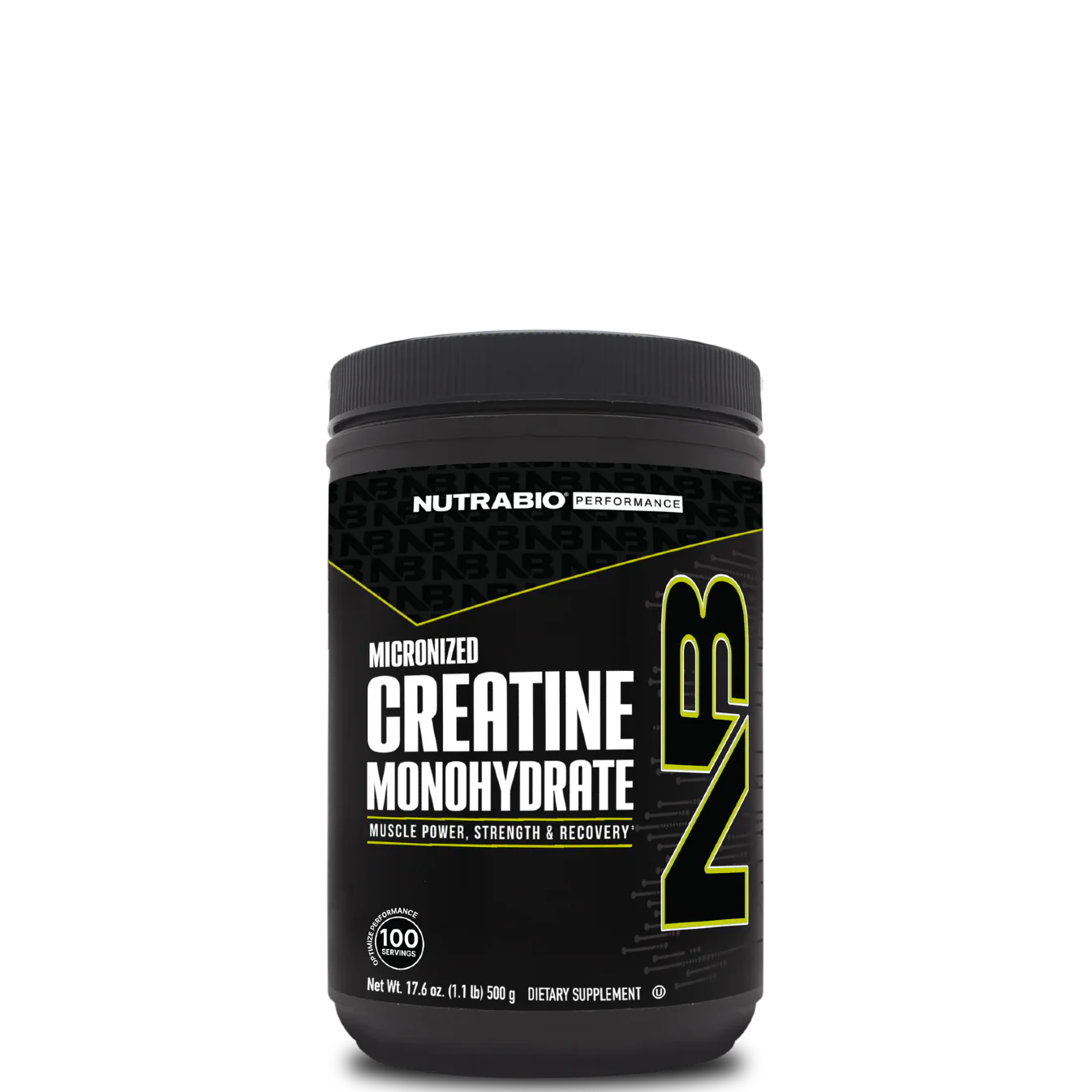 A container of NutraBio Creatine Monohydrate Powder, with a black and yellow label.