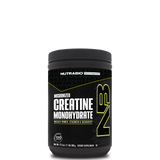A container of NutraBio Creatine Monohydrate Powder, with a black and yellow label.