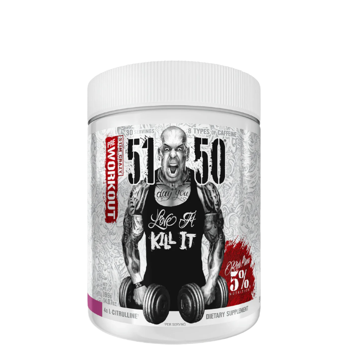 A container of 5150 High Stimulant Pre-Workout supplement with a graphic of a bodybuilder on the label.