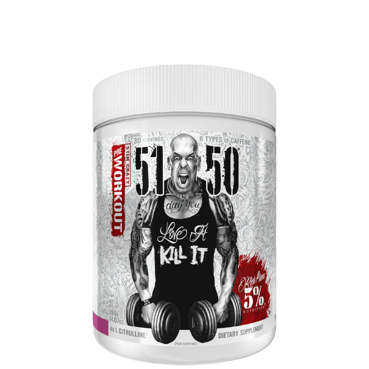 A container of 5150 High Stimulant Pre-Workout supplement with a graphic of a bodybuilder on the label.