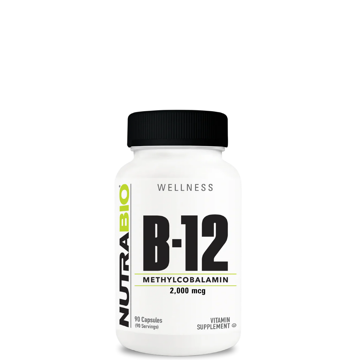 A bottle of NutraBio Vitamin Methyl B-12 (2000mcg) supplements with white and green labeling.