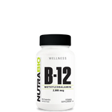 A bottle of NutraBio Vitamin Methyl B-12 (2000mcg) supplements with white and green labeling.