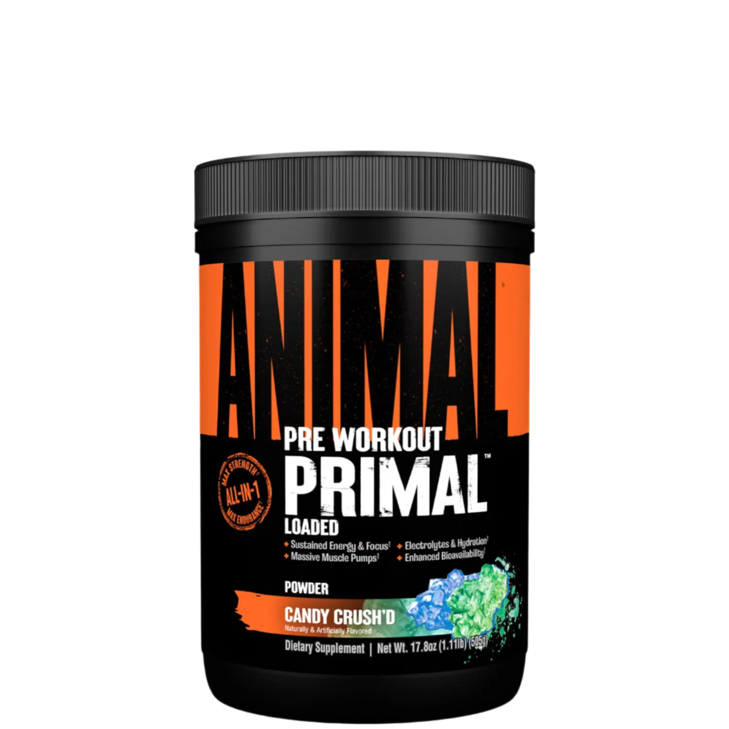 A container of Animal Primal Pre-Workout powder in Dragon Berry flavor, featuring an orange and black label with a picture of a dragon fruit.