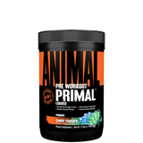 A container of Animal Primal Pre-Workout powder in Dragon Berry flavor, featuring an orange and black label with a picture of a dragon fruit.