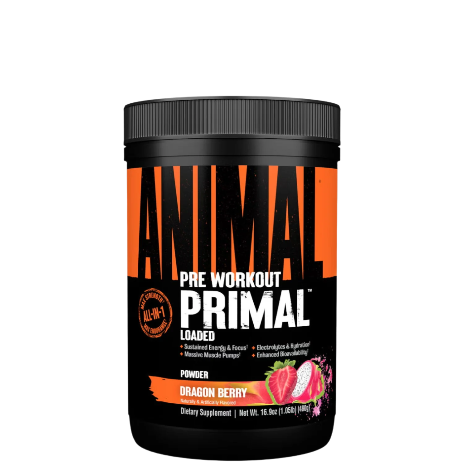 A container of Animal Primal Pre-Workout powder in Dragon Berry flavor, featuring an orange and black label with a picture of a dragon fruit.