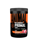 A container of Animal Primal Pre-Workout powder in Dragon Berry flavor, featuring an orange and black label with a picture of a dragon fruit.