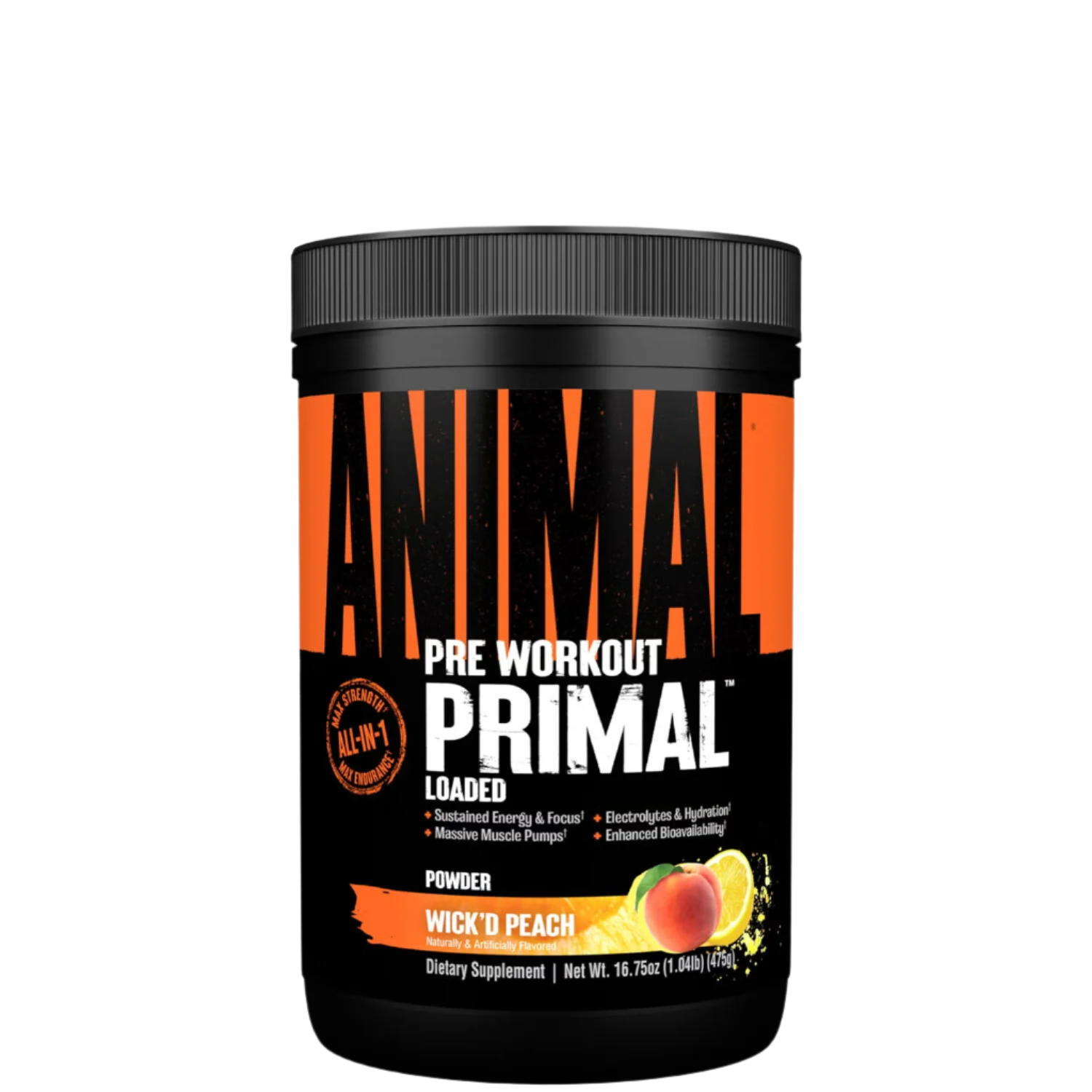 A container of Animal Primal Pre-Workout powder in Dragon Berry flavor, featuring an orange and black label with a picture of a dragon fruit.