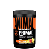 A container of Animal Primal Pre-Workout powder in Dragon Berry flavor, featuring an orange and black label with a picture of a dragon fruit.