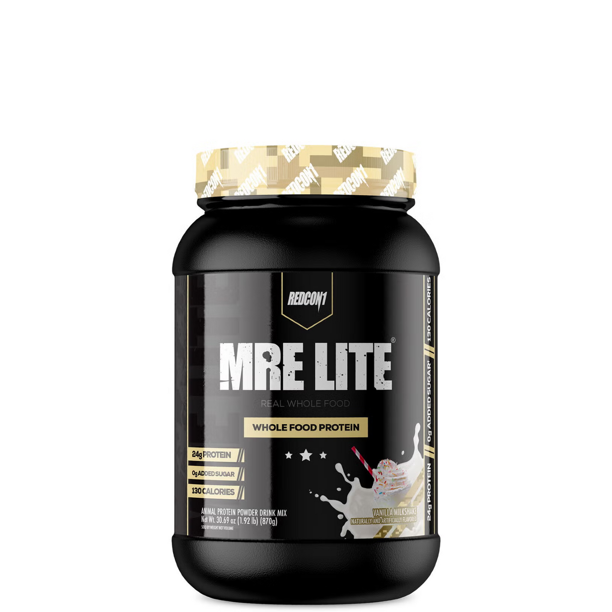 A container of MRE LITE Whole Food Protein powder with a label showing the product name and 'PROTEIN' text.