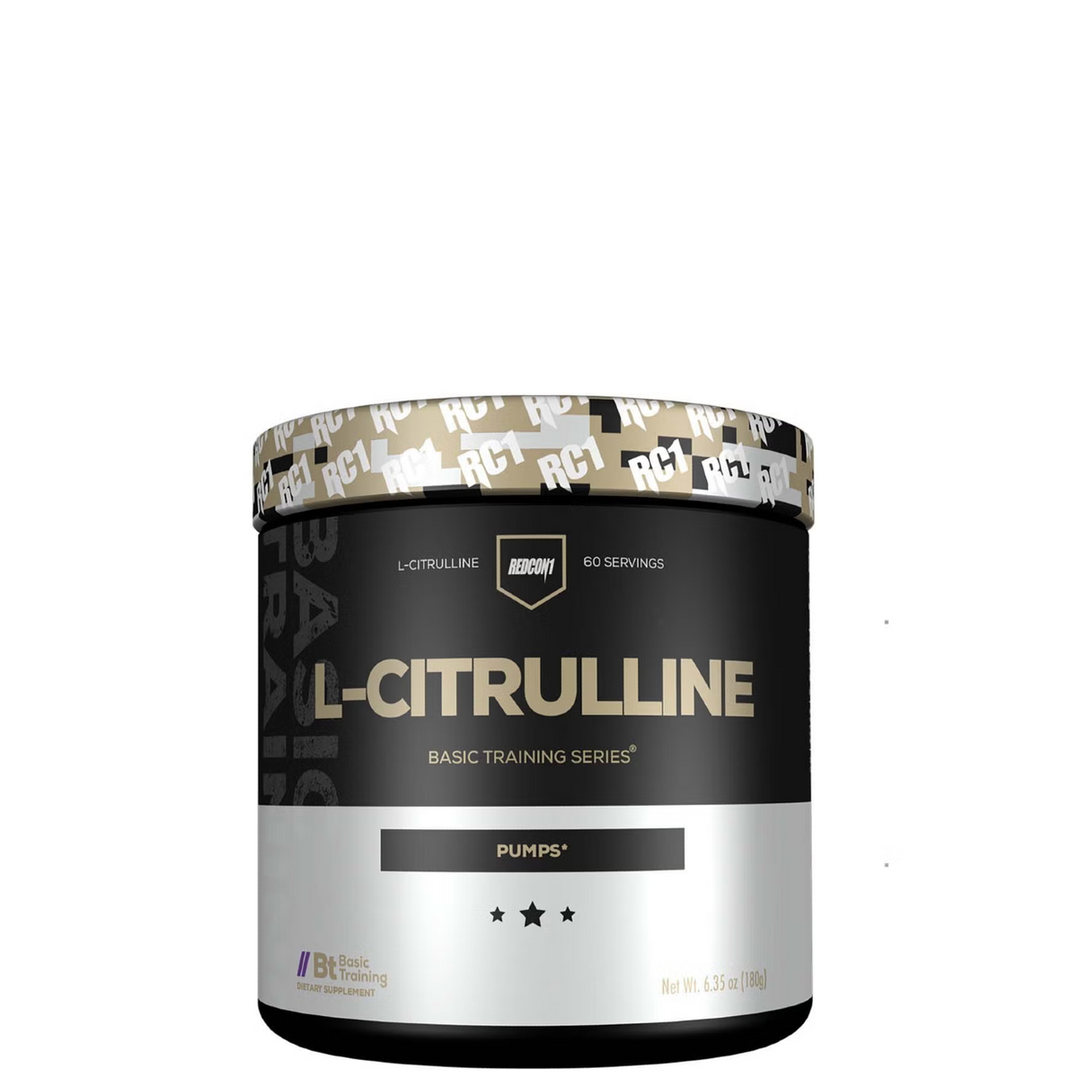 A container of Redcon1 L-Citrulline powder in black and silver packaging with white text.