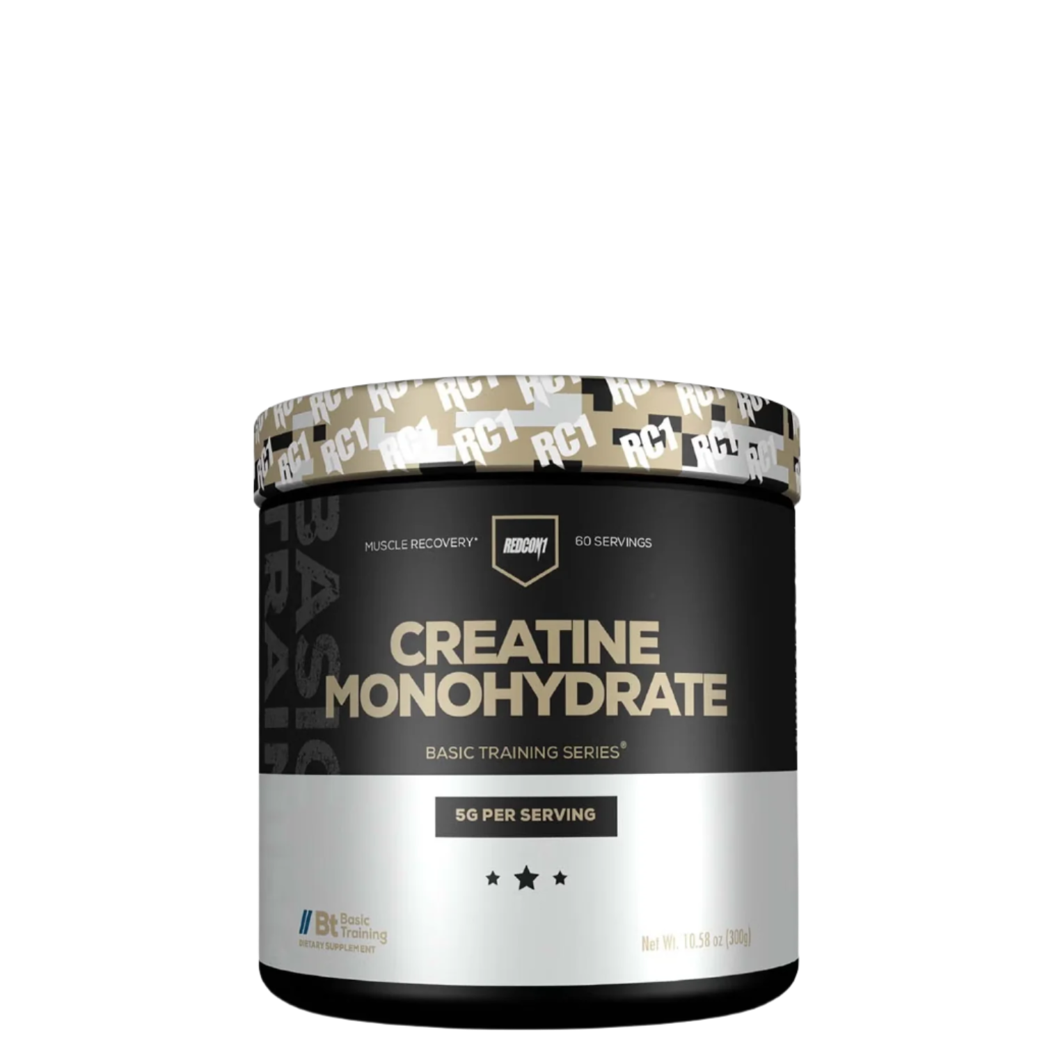 A container of REDCON1 Creatine Monohydrate in black and white packaging with camouflage design.