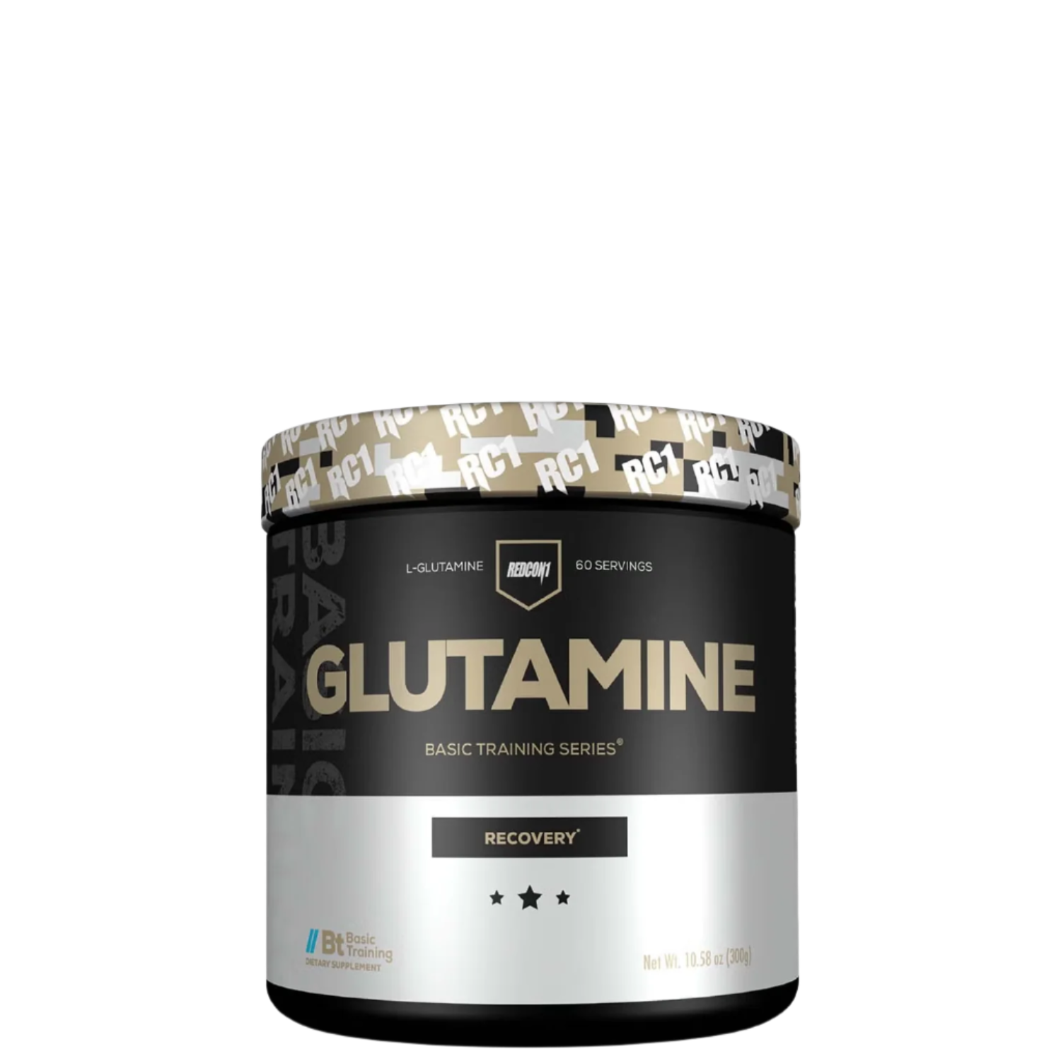 A container of REDCON1 Glutamine powder with the label Basic Training Series Recovery
