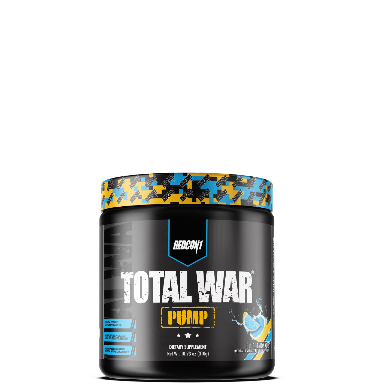 A container of TOTAL WAR PUMP non-stim pre-workout supplement by REDCON1 with a camouflage design on the label.