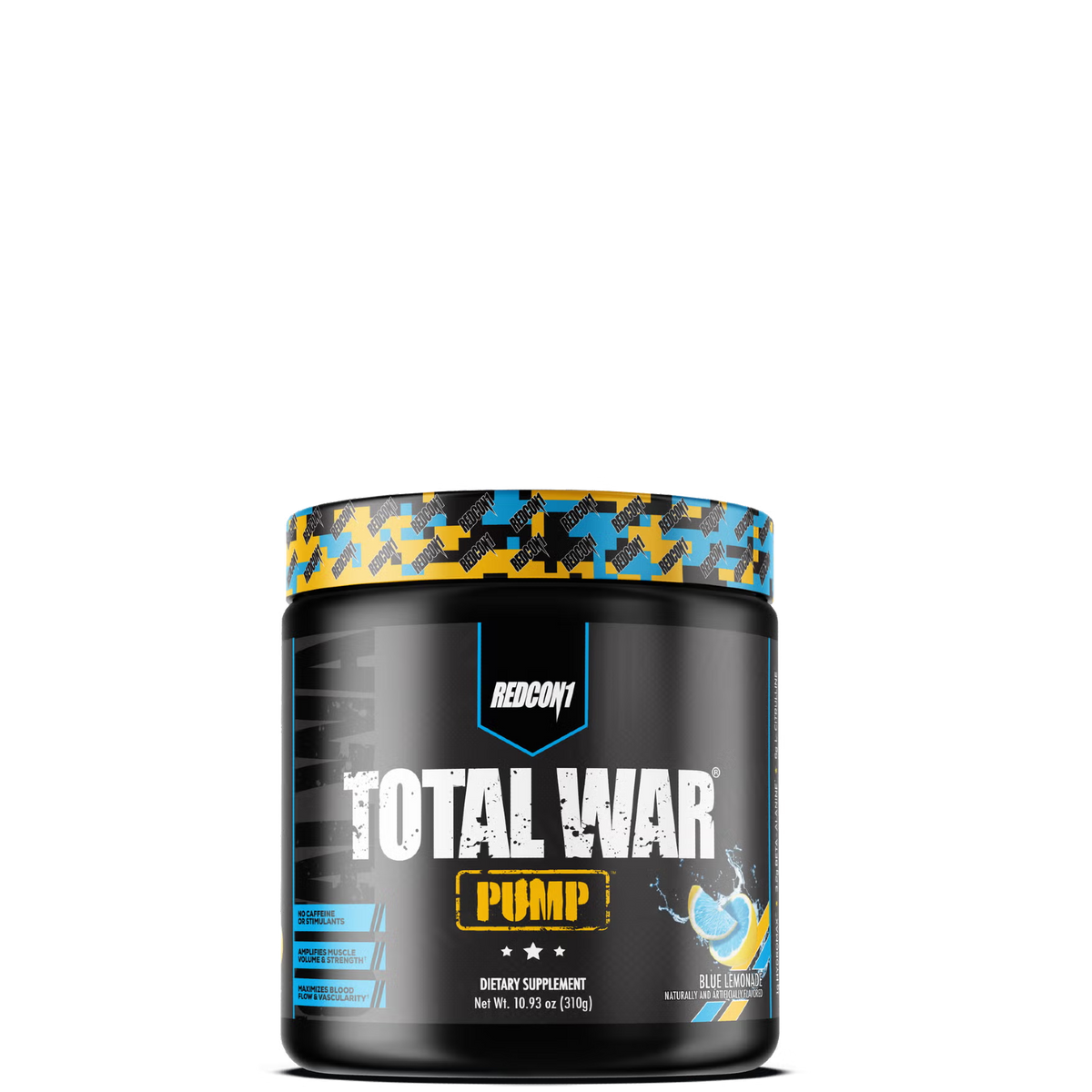 A container of TOTAL WAR PUMP non-stim pre-workout supplement by REDCON1 with a camouflage design on the label.
