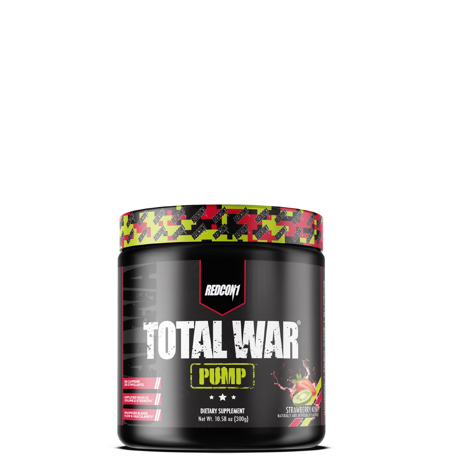 A container of TOTAL WAR PUMP non-stim pre-workout supplement by REDCON1 with a camouflage design on the label.