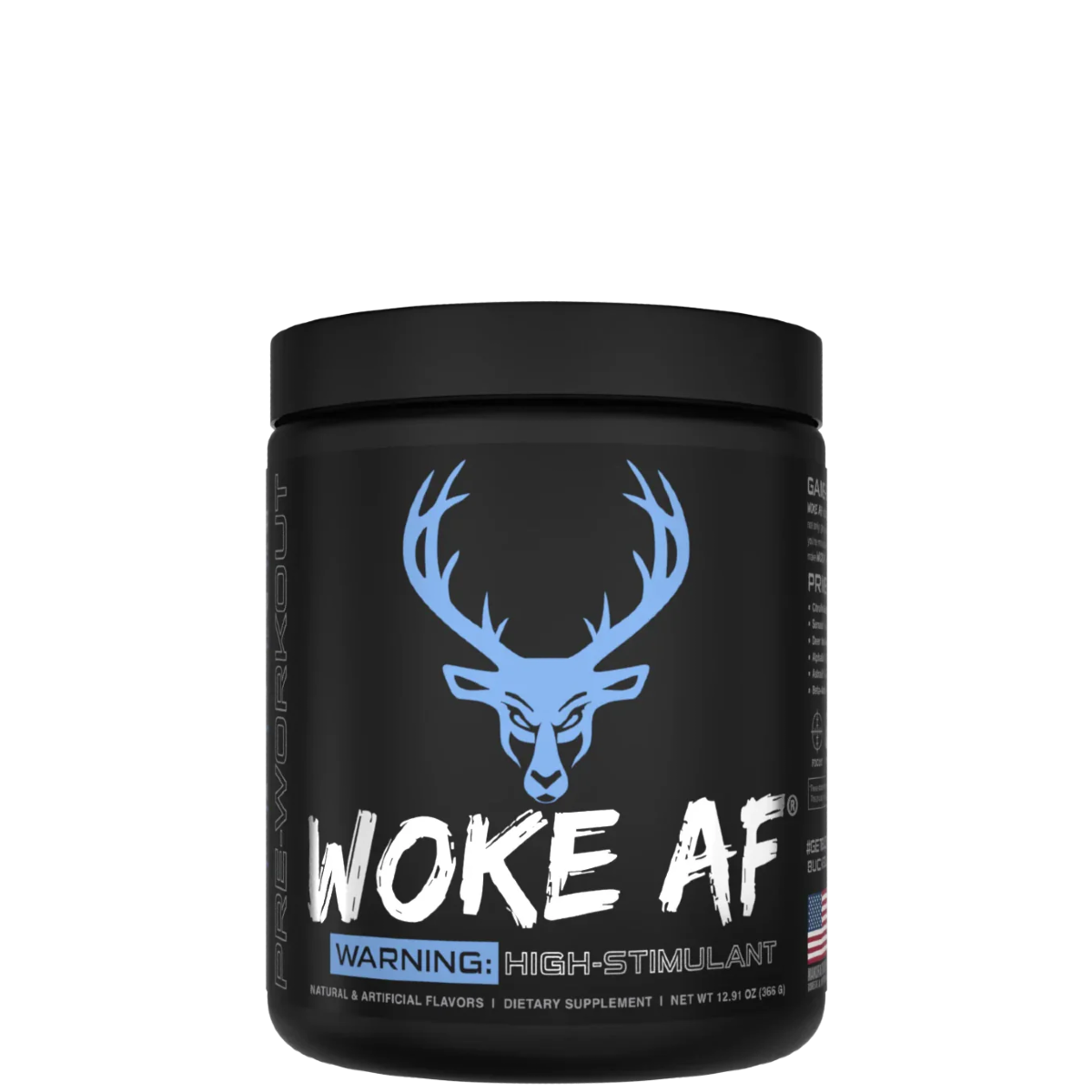 A container of Woke AF pre-workout supplement with a colorful design featuring a deer head and text indicating high stimulant.