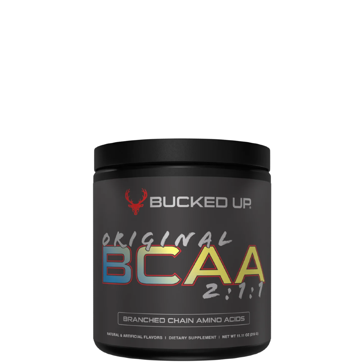 A container of Bucked Up Original BCAA supplement powder with the text 'BRANCHED CHAIN AMINO ACIDS' and the ratio '2:1:1' displayed on the front.