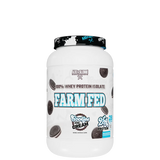A container of Farm Fed 100% Grass-Fed Whey Protein in Chocolate Milkshake flavor by Axe & Sledge, indicating 25g of protein per serving.