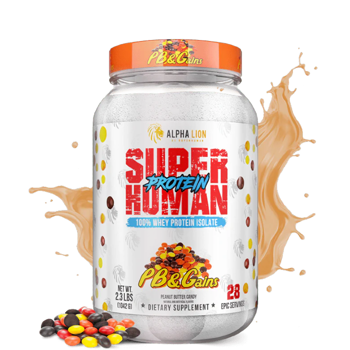A container of Superhuman Protein powder with various flavors represented visually, such as cookies and cream and caramel, alongside graphical elements like a splash of milk and nuts.