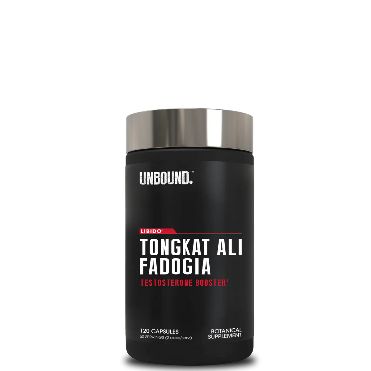 A black bottle with a silver lid labeled 'TONGKAT ALI & FADOGIA' from the brand UNBOUND.