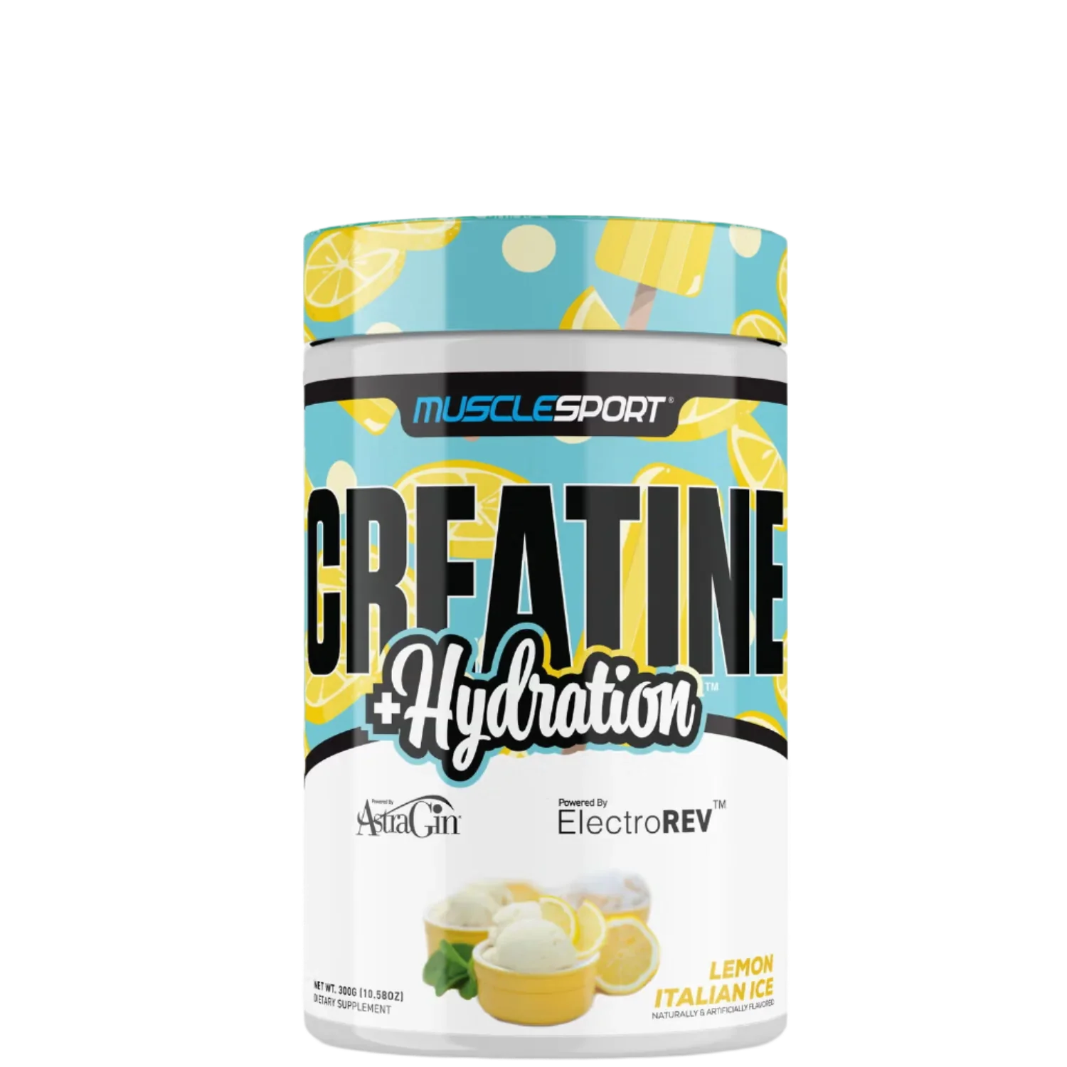 Creatine + Hydration supplement container with watermelon and strawberry design, branded by MuscleSport.