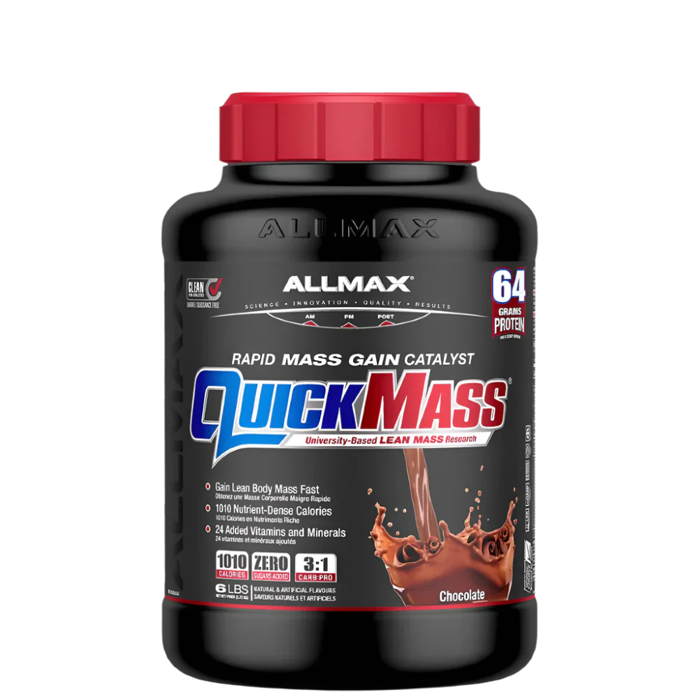 A container of QuickMass mass gainer protein powder by AllMax Nutrition in chocolate flavor.