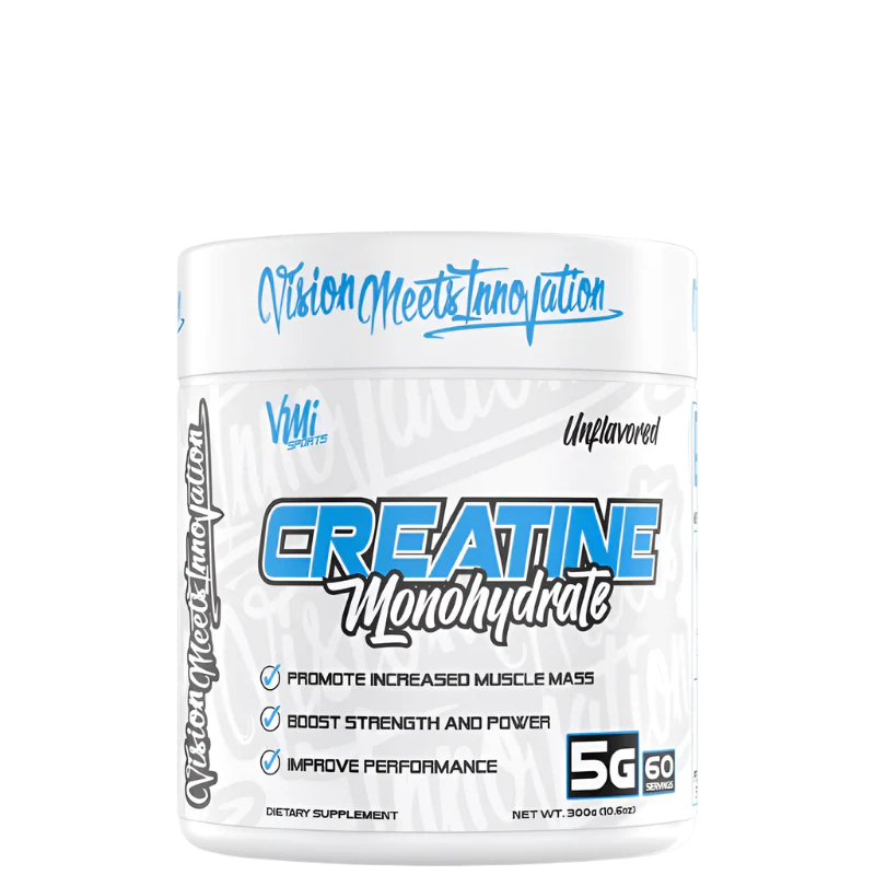 A container of CREATINE MONOHYDRATE 300g supplement with branding and product information.