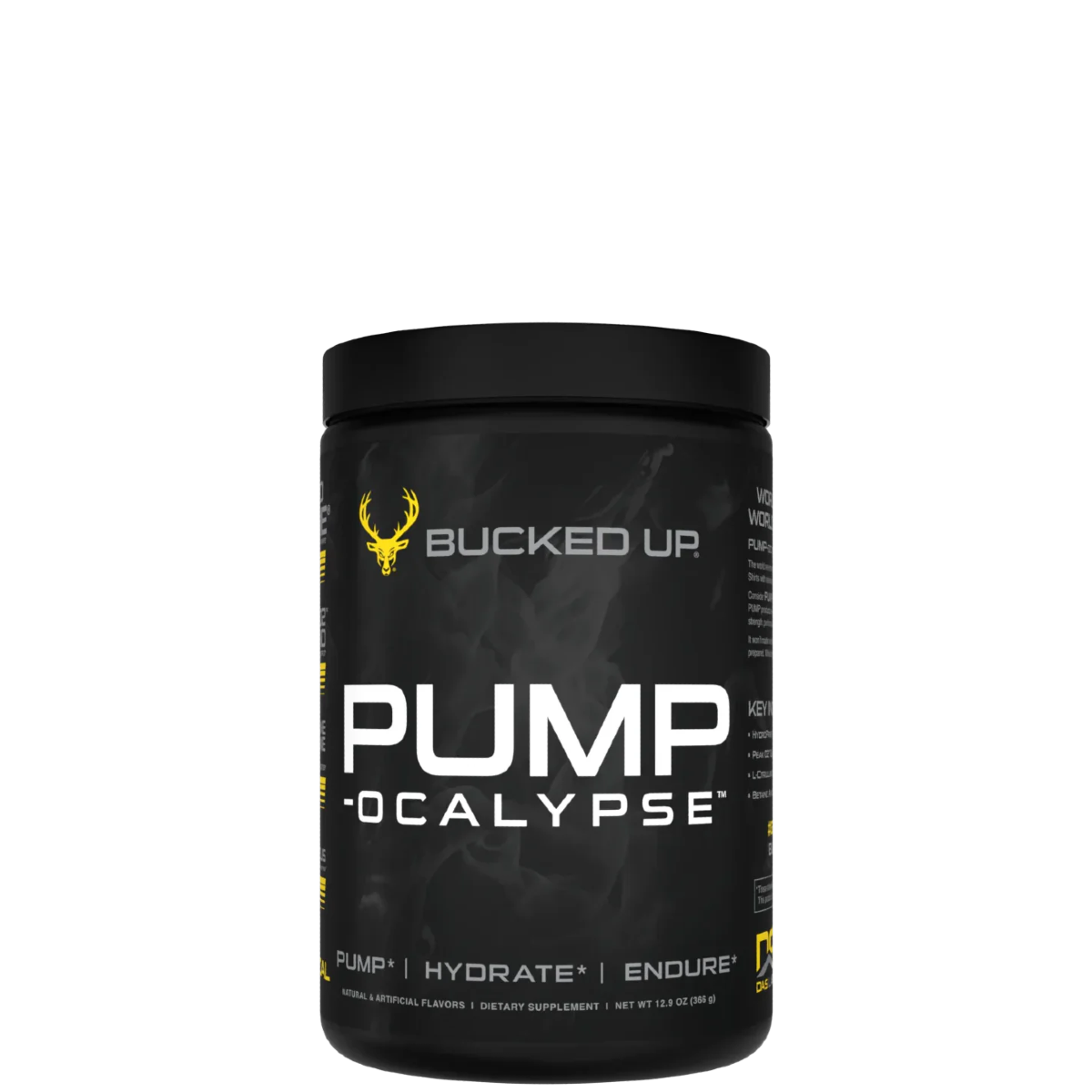 A container of PUMP-OCALYPSE supplement with an illustrated character on the label.
