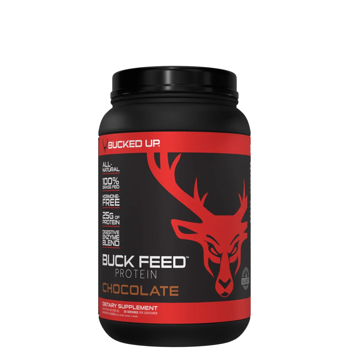 A container of Buck Feed ALL NATURAL Protein powder in chocolate flavor with a red deer logo.