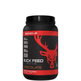 A container of Buck Feed ALL NATURAL Protein powder in chocolate flavor with a red deer logo.