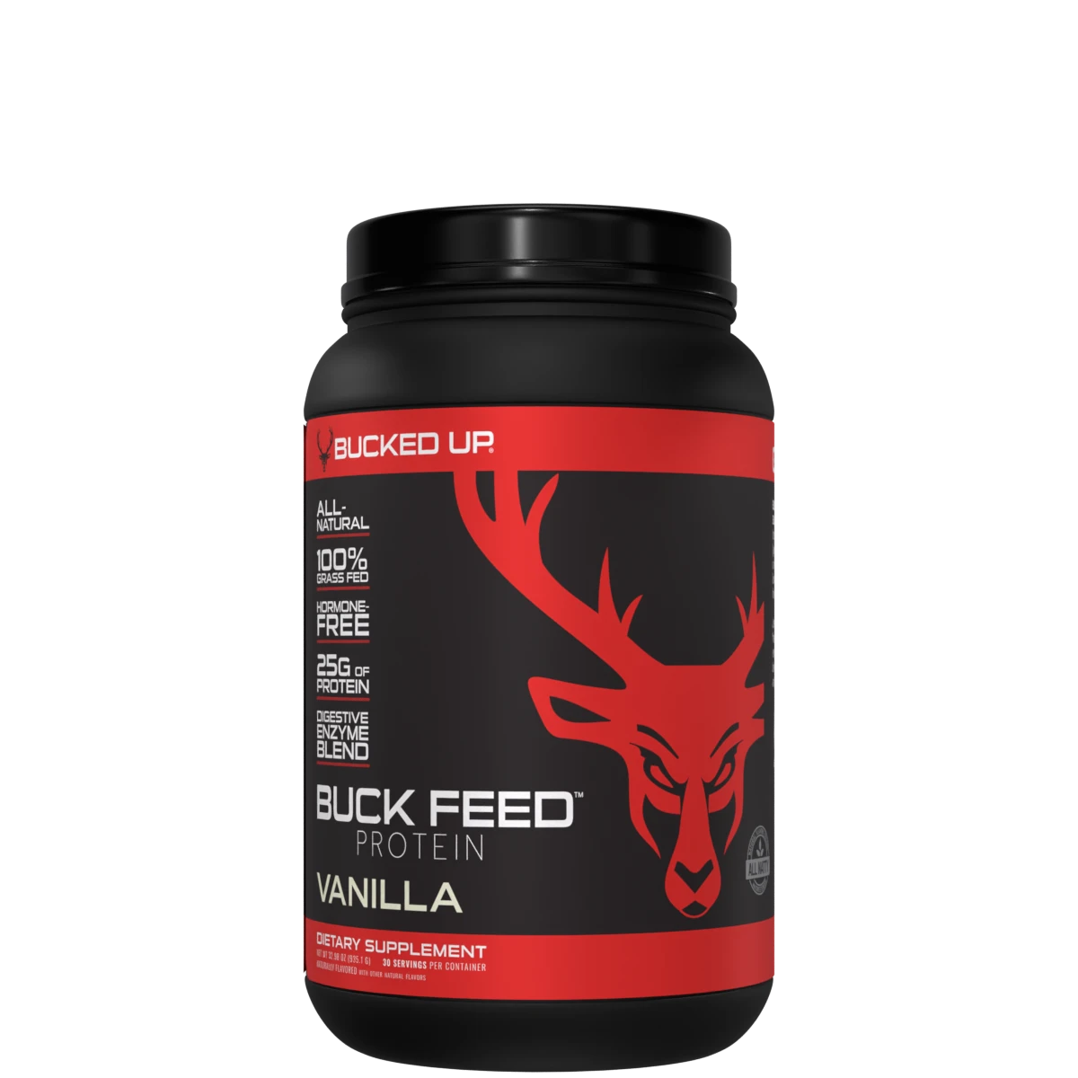 A container of Buck Feed ALL NATURAL Protein powder in chocolate flavor with a red deer logo.