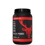 A container of Buck Feed ALL NATURAL Protein powder in chocolate flavor with a red deer logo.