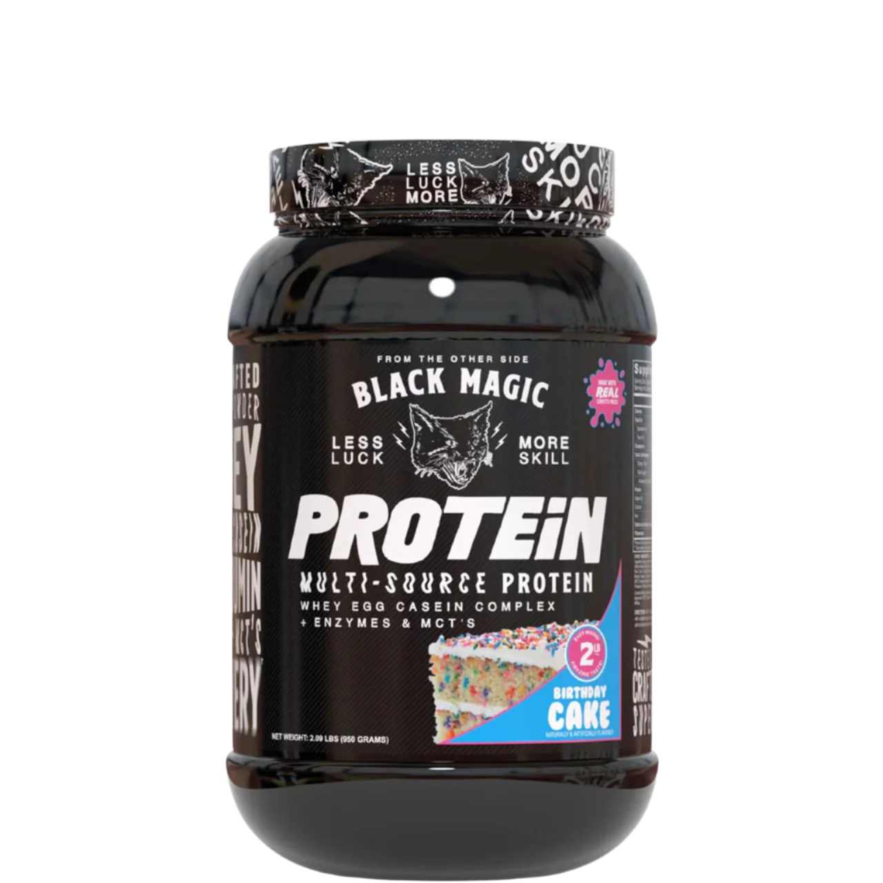 A container of Black Magic Supply Multi-Source Protein powder with a label showing the product name and an image of a shaker cup with the same brand.
