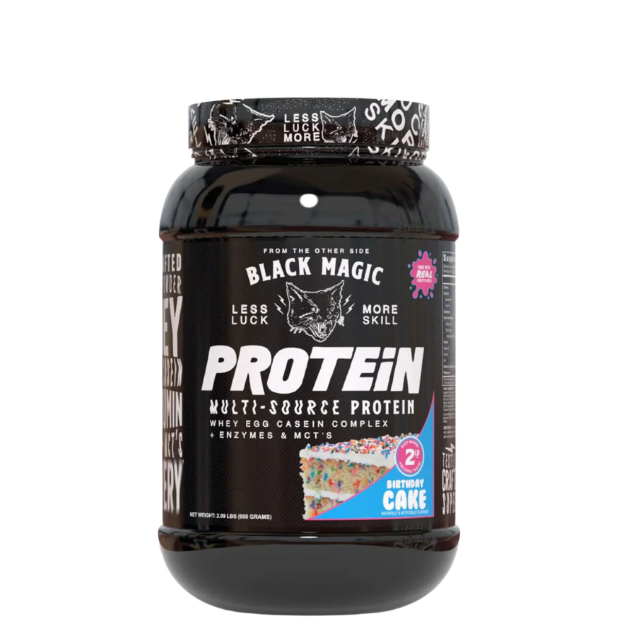 A container of Black Magic Supply Multi-Source Protein powder with a label showing the product name and an image of a shaker cup with the same brand.