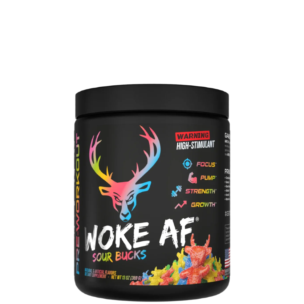 A container of Woke AF pre-workout supplement with a colorful design featuring a deer head and text indicating high stimulant.