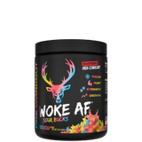 A container of Woke AF pre-workout supplement with a colorful design featuring a deer head and text indicating high stimulant.
