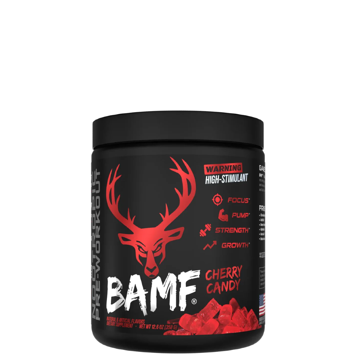 Container of BAMF High Stimulant Nootropic Pre-Workout with colorful graphics and text indicating the product's benefits for focus, energy, and mental sharpness.
