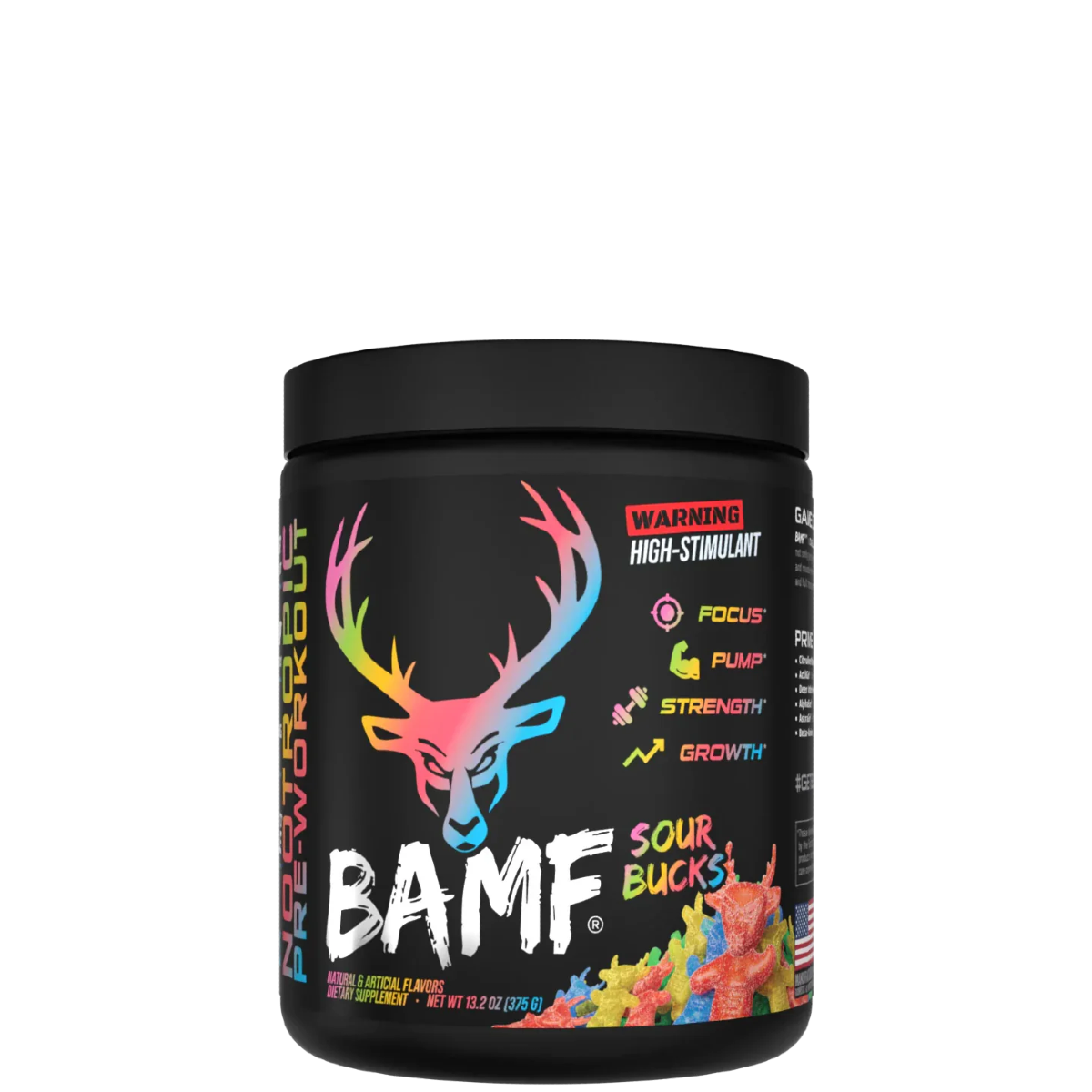 Container of BAMF High Stimulant Nootropic Pre-Workout with colorful graphics and text indicating the product's benefits for focus, energy, and mental sharpness.