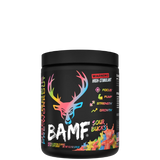 Container of BAMF High Stimulant Nootropic Pre-Workout with colorful graphics and text indicating the product's benefits for focus, energy, and mental sharpness.