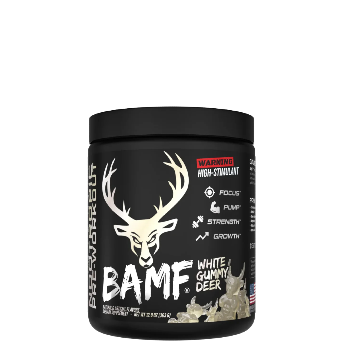 Container of BAMF High Stimulant Nootropic Pre-Workout with colorful graphics and text indicating the product's benefits for focus, energy, and mental sharpness.