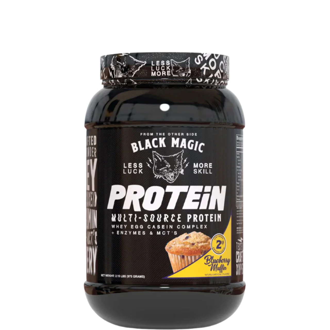 A container of Black Magic Supply Multi-Source Protein powder with a label showing the product name and an image of a shaker cup with the same brand.