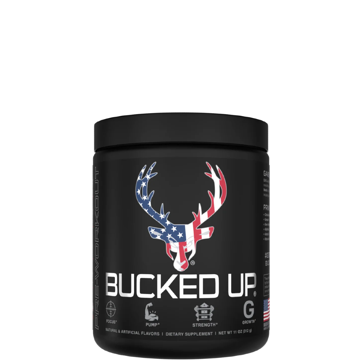 A container of Bucked Up Pre-Workout supplement with a black background featuring a white silhouette of a deer and text indicating the product name and flavor, along with icons suggesting energy and focus.