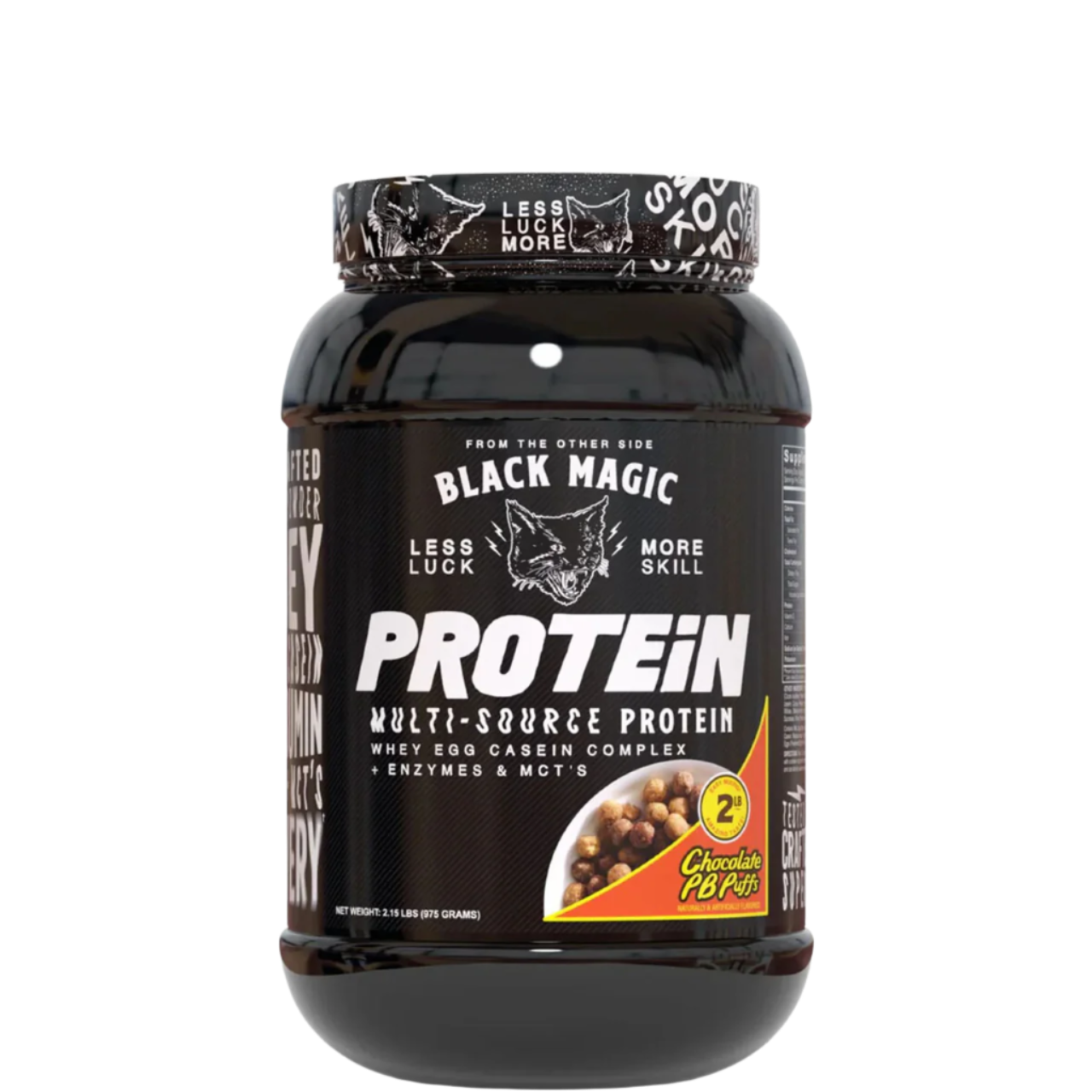 A container of Black Magic Supply Multi-Source Protein powder with a label showing the product name and an image of a shaker cup with the same brand.