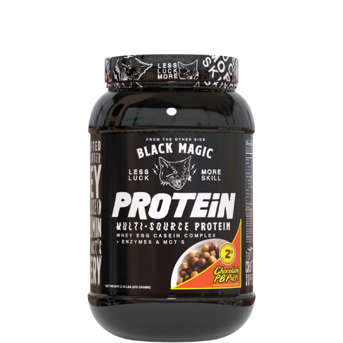 A container of Black Magic Supply Multi-Source Protein powder with a label showing the product name and an image of a shaker cup with the same brand.