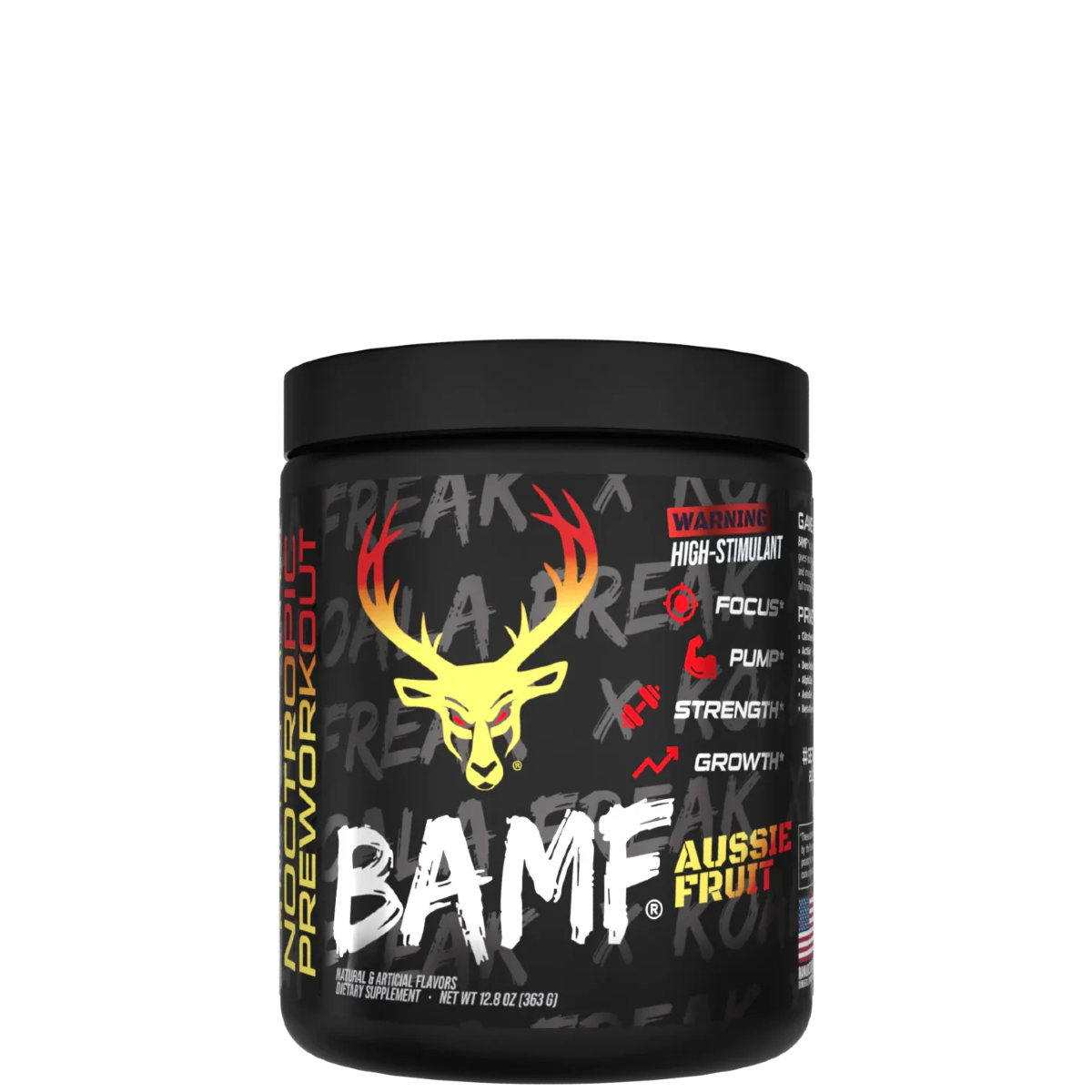Container of BAMF High Stimulant Nootropic Pre-Workout with colorful graphics and text indicating the product's benefits for focus, energy, and mental sharpness.