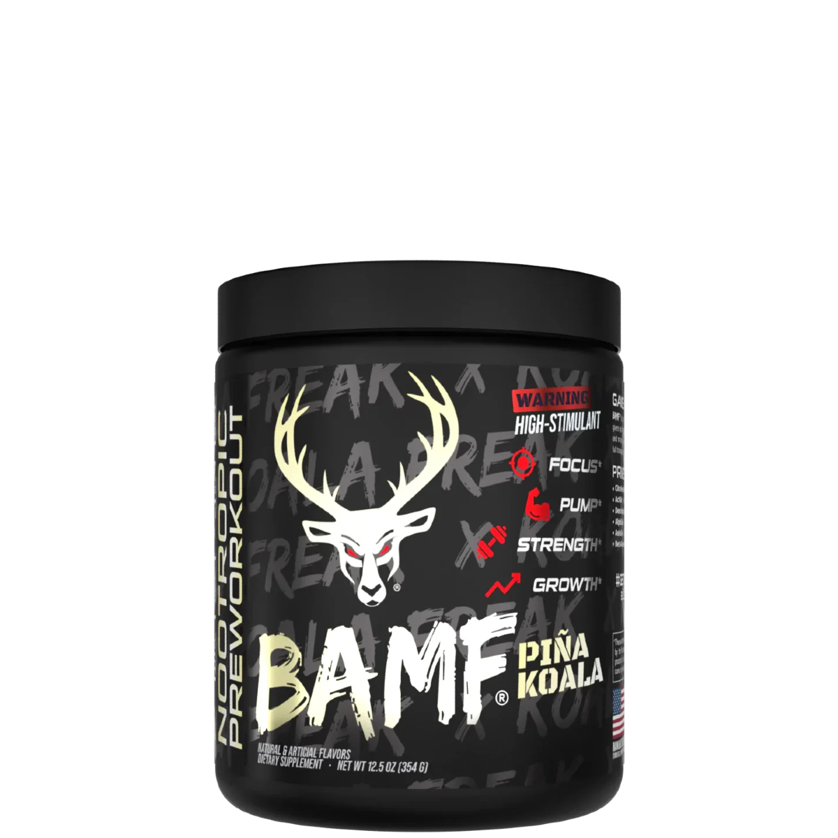 Container of BAMF High Stimulant Nootropic Pre-Workout with colorful graphics and text indicating the product's benefits for focus, energy, and mental sharpness.