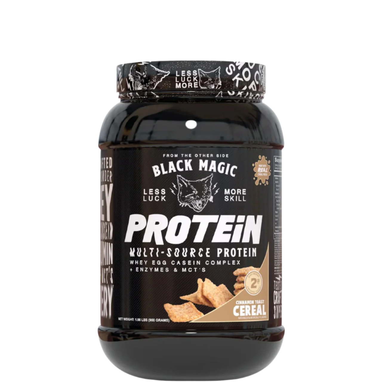 A container of Black Magic Supply Multi-Source Protein powder with a label showing the product name and an image of a shaker cup with the same brand.