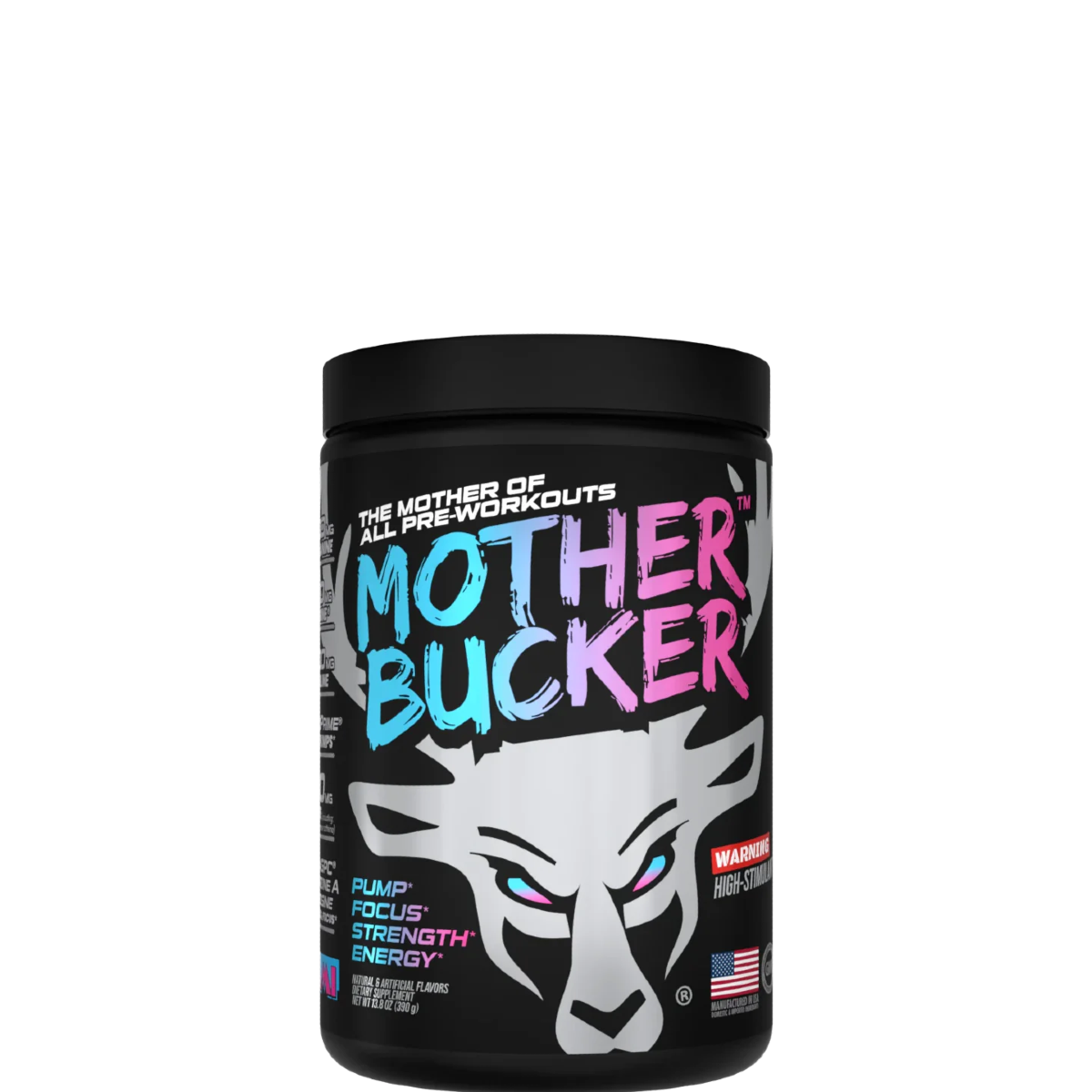 A container of Mother Bucker Pre-Workout supplement with a colorful graphic design.