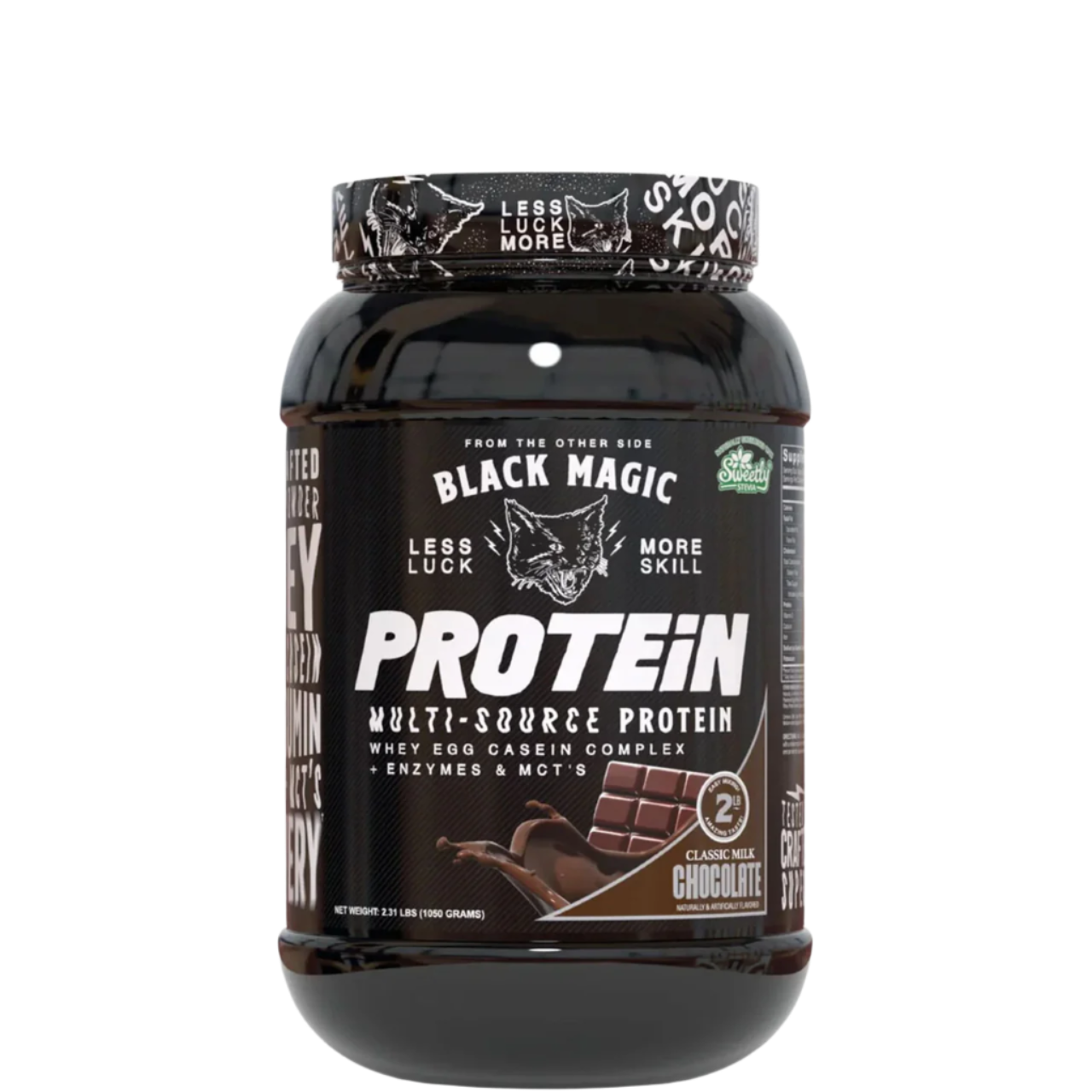A container of Black Magic Supply Multi-Source Protein powder with a label showing the product name and an image of a shaker cup with the same brand.