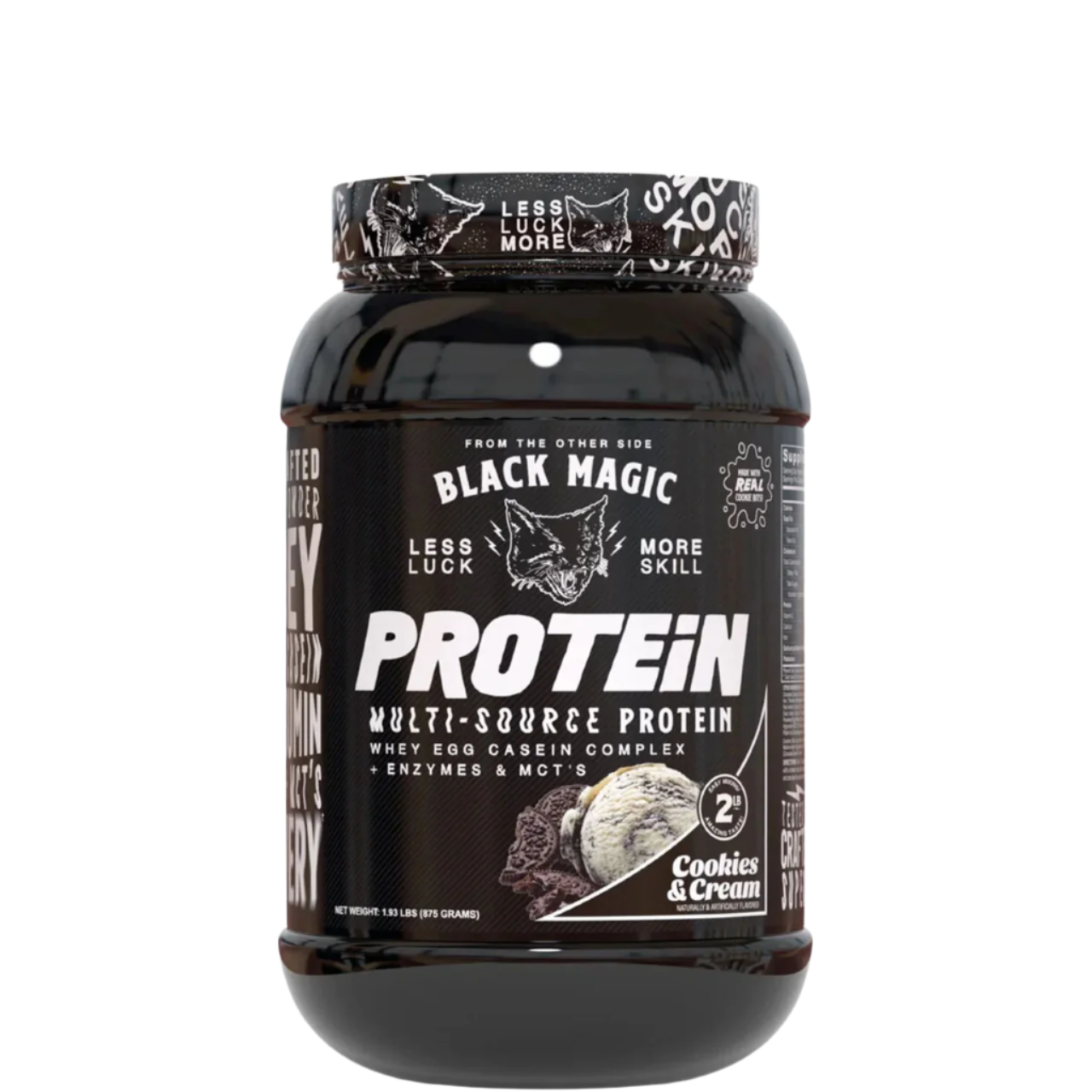 A container of Black Magic Supply Multi-Source Protein powder with a label showing the product name and an image of a shaker cup with the same brand.